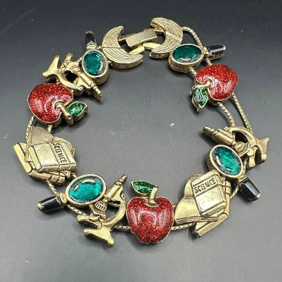 Vintage Jewelry - TOFA Vintage School Teacher Student Red Apple Gold Charm Stretch Bracelet Retro